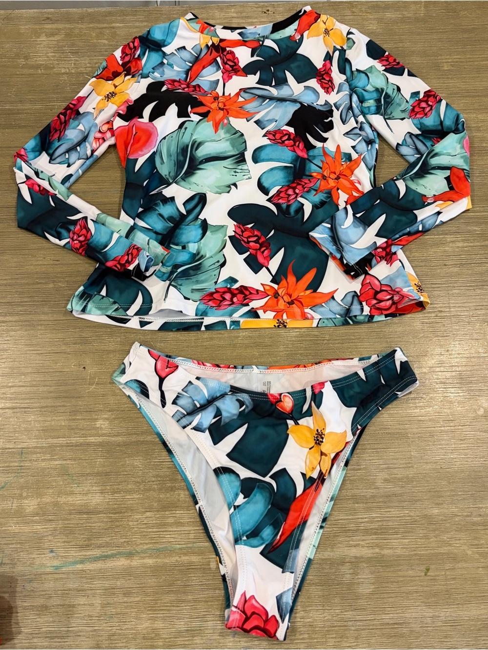 SHEIN Multicolor Tropical Floral Long-Sleeve Bikini Set